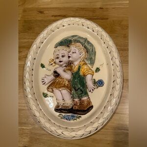 1973 Vintage  Leisuramics Oval Wall Display, Children with Umbrella